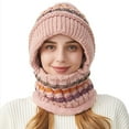 thumbnail image 4 of Cadancy Women Winter Hats 3 In 1 Beanie Hat with Scarf and Mask Chunky Knitted Color Block Snow Caps Pompom Cute Warm Stocking Cap Windproof Cozy Cold Weather Balaclava, 4 of 8