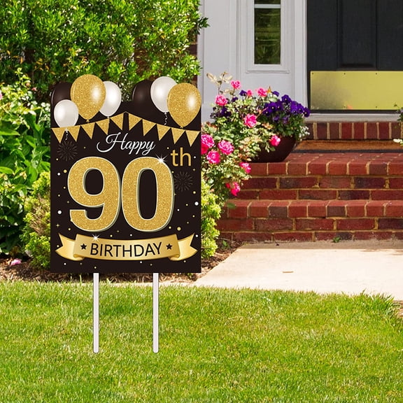 Large Happy 90th Birthday Decorations for Men Black Gold 90 Birthday Yard Sign with Stakes and Outdoor Lawn Decorations for Women