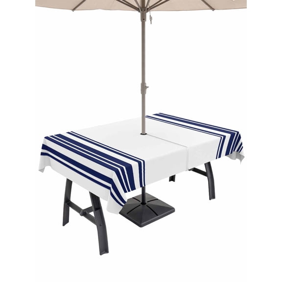 Outdoor Tablecloth with Umbrella Hole for Patio/Picnic/Party/Camping, Navy Blue Striped Waterproof Table Cloth Rectangle Table Cover Washable, Farmhouse Simple Line Vertical Stripes (60"x 102")