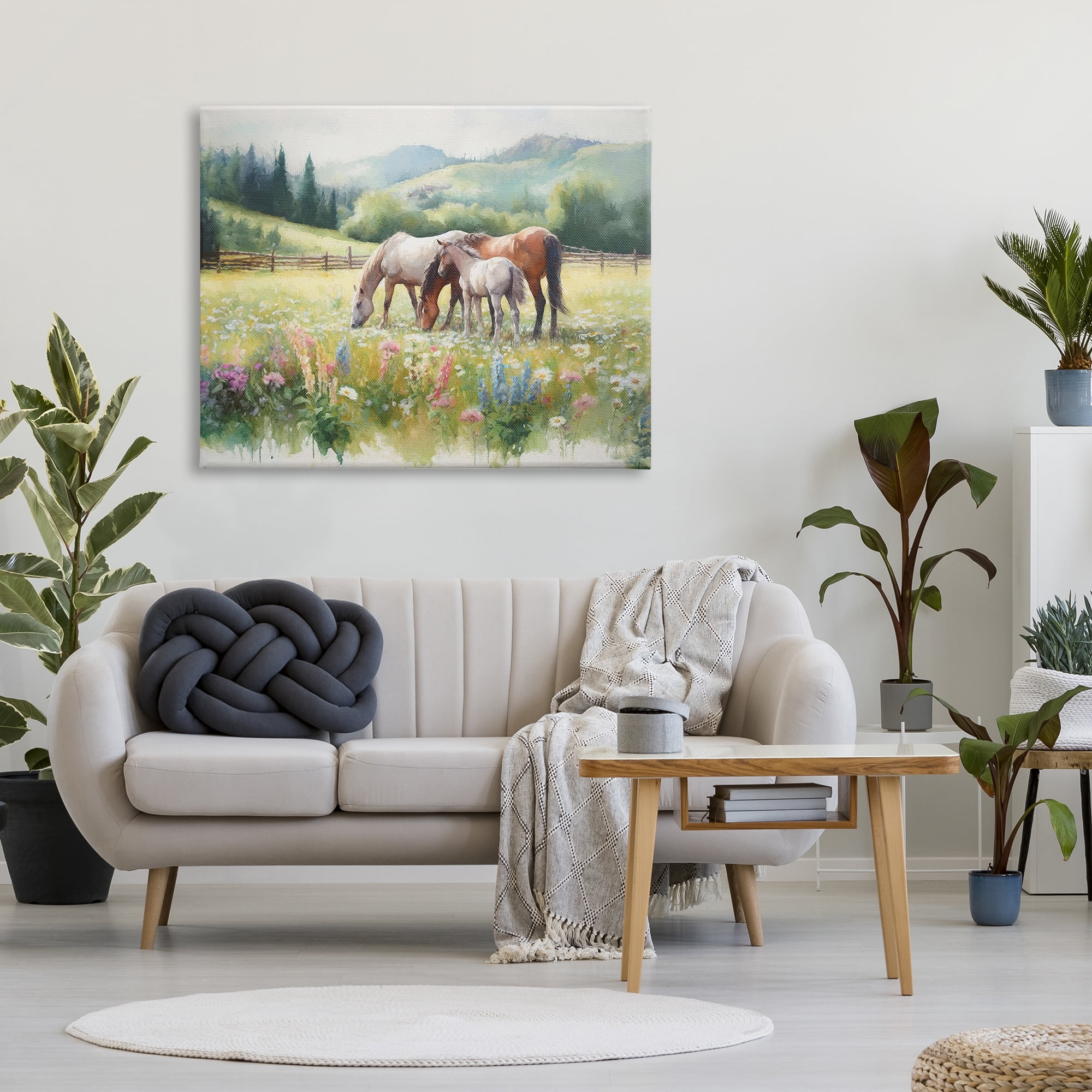 Stupell Industries Horses in Spring Meadow Animals & Insects Painting Gallery Wrapped Canvas Art Print Wall Art, 48 x 36