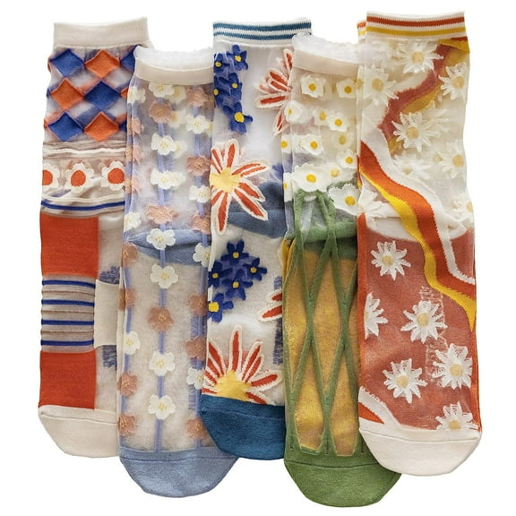 Womens Cute Flower Sheer Socks Kawaii Floral Lace Mesh Silk Crew Socks for Women 5 Pairs Fun Aesthetic Tulle Socks
