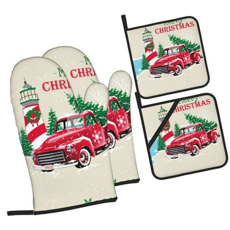 

Zufioo Merry Christmas 1 Oven Mitts and Pot Holders 4pcs Set Kitchen Oven Glove High Heat Resistant 500 Degree Extra Long Oven Mitts for Kitchen Baking Cooking