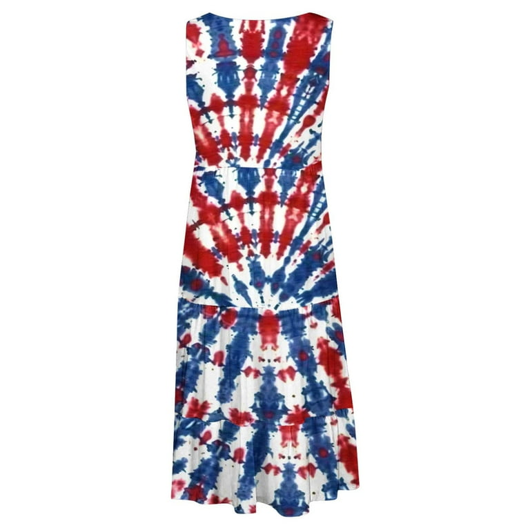 Cflvaek 4th of July Dress for Women Plus Size Scoop Neck Sleeveless Tiered Sundress Red White and Blue Tie Dry Print Midi Dress Summer Beach Vacation