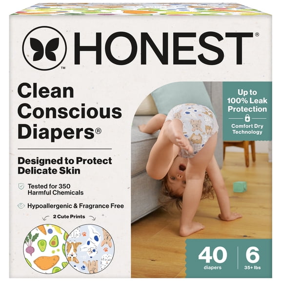 The Honest Company Clean Conscious Diapers® | Up to 100% Leak Protection I Designed to Protect Delicate Skin I Hypoallergenic + Fragrance Free | So Delish + It's A Pawty, Size 6, 40 Count Club Box