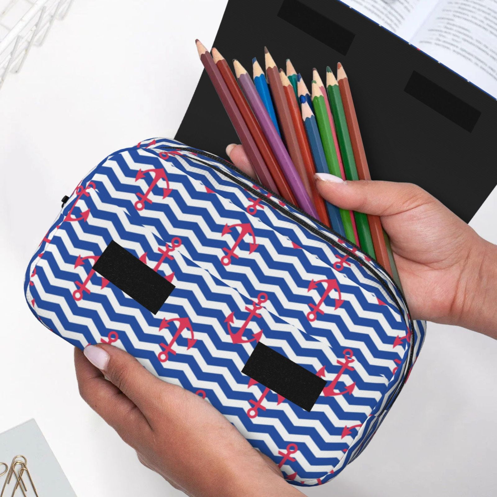 Rateoe Nautical Anchors Pattern Double Clamshell Pen Case, Storage Organizer with Two Zipper Compartments– Holds Up to 50 Pencils & Pens