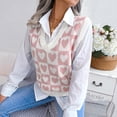 thumbnail image 3 of Suéter con cuello en V para mujer, chaleco con patrón de corazón dulce, suéter sin mangas, dobladillo acanalado, prendas de punto informales, Tops rosa S, 3 of 9