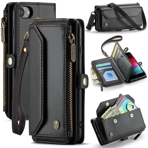 New Crossbody for iPhone 7/8/SE Case Wallet【RFID Blocking】with 7-Card Holder Zipper Bills Slot, Soft PU Leather Magnetic Shoulder Wrist Strap for iPhone 7/8/SE Wallet Case Women