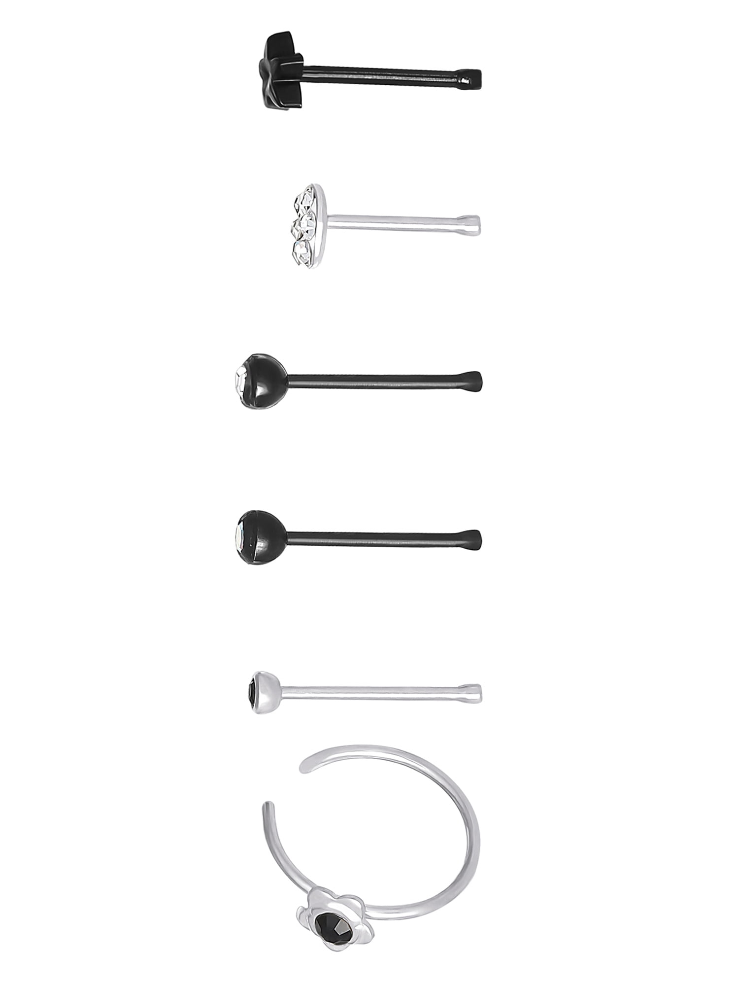 Body Jewelry Women's 22G Crystal Nose Rings Set, 6 Pack
