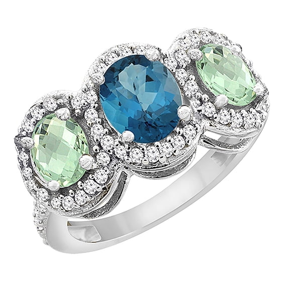14K White Gold Natural London Blue Topaz & Green Amethyst 3-Stone Ring Oval Diamond Accent, size 5