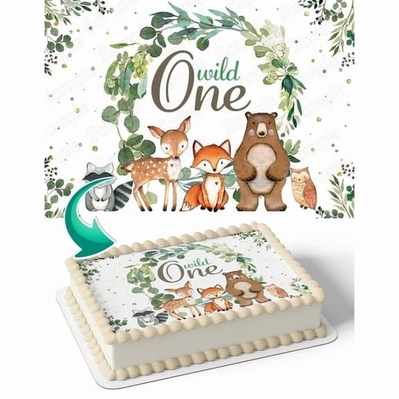 Wild one Baby Forest Animals Bear Fox Owl Raccoon Baby Shower Edible Image Cake Topper For Quarter Sheet Cake By TNCT