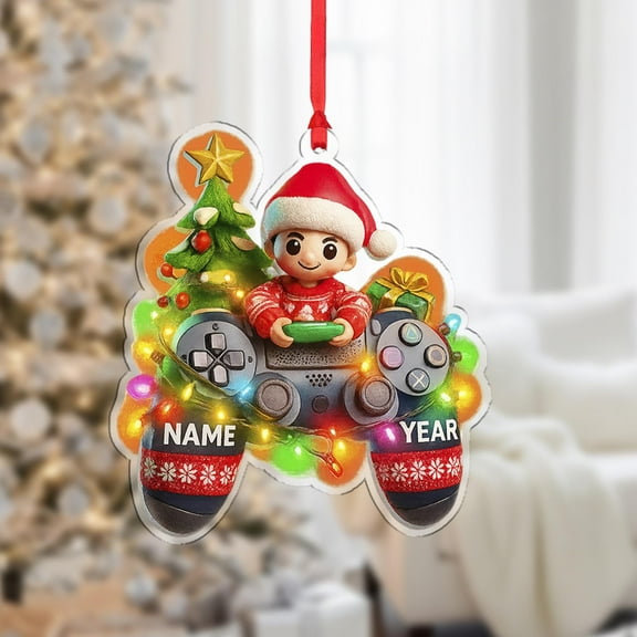 Personalized Game Controller Acrylic Christmas Ornament with Lights Custom Name & Year, Video Game Holiday Tree Decor, Gamer Room Keepsake