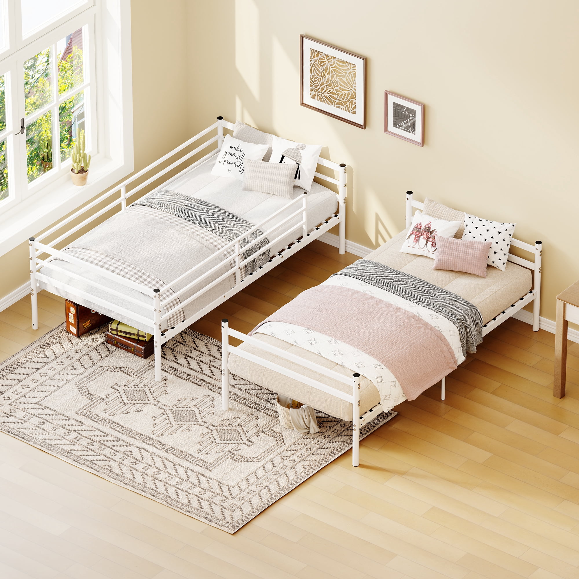 Leumius Metal Bunk Bed Twin Over Twin with Safety Guardraild & Ladder,Sturdy and Durable,No Spring Mattress Required,White