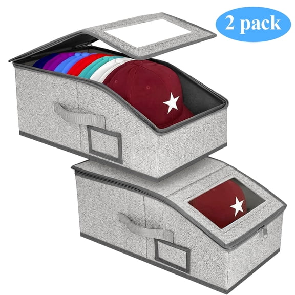 Yalumo Stackable Hat Storage for Baseball Caps, 2PCS Hat Organizer for Closet Holds Up to 24 Caps, Sturdy Snapback Hat Storage Box with Clear Window Lid, Space-Saving Foldable Hat Holder, Grey