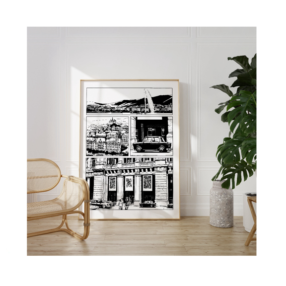 Geneva City Retro Comic Vintage Travel Poster Swiss Black And White Cityscape