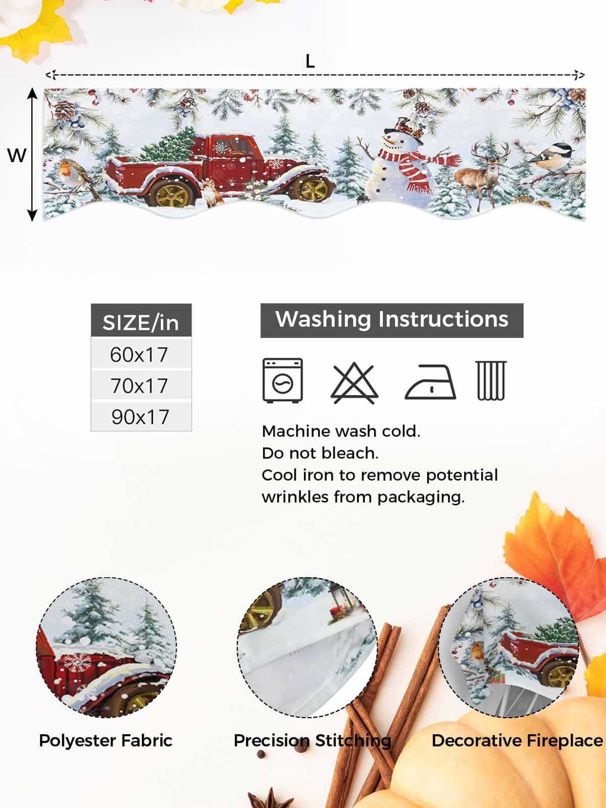 Christmas Fireplace Mantle Scarf Xmas Snowman Truck Pine Tree Leaf Animals Blue Snow Mantel Cover Runner Fireplace Cloth for Holiday Party Home Living Room Decor 70 x 17 Inch