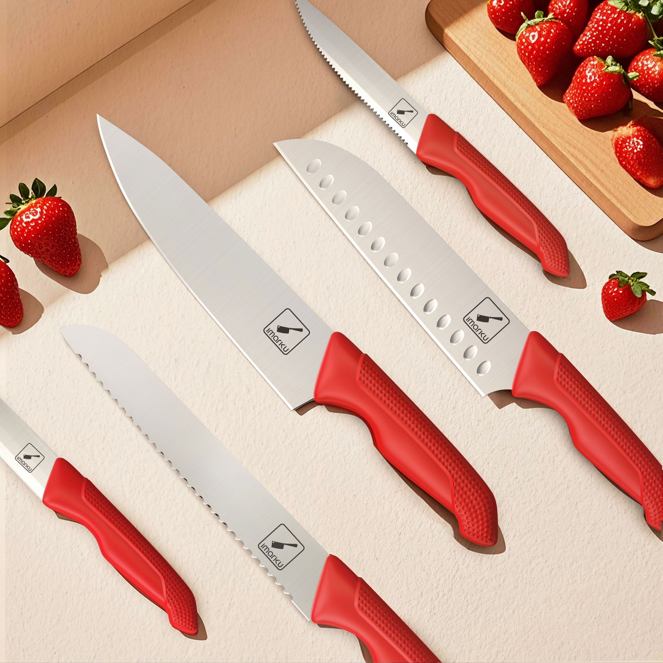 imarku 14-Piece Stainless Steel Kitchen Knife Block Set with Ergonomic Handles,Best Holiday Gifts,Red,Fathers Day Gifts