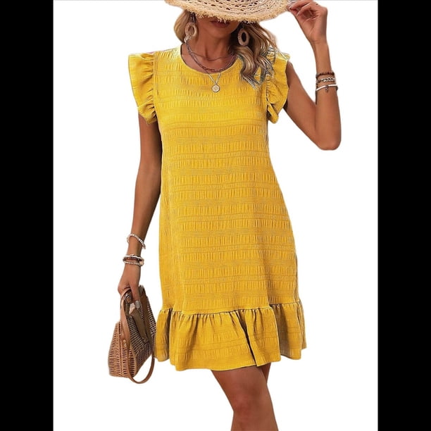 Vestidos de Verano para Mujer, Cuello Redondo, Corta, Dobladillo con Volantes, Informal, Minivestido Amarillo XL