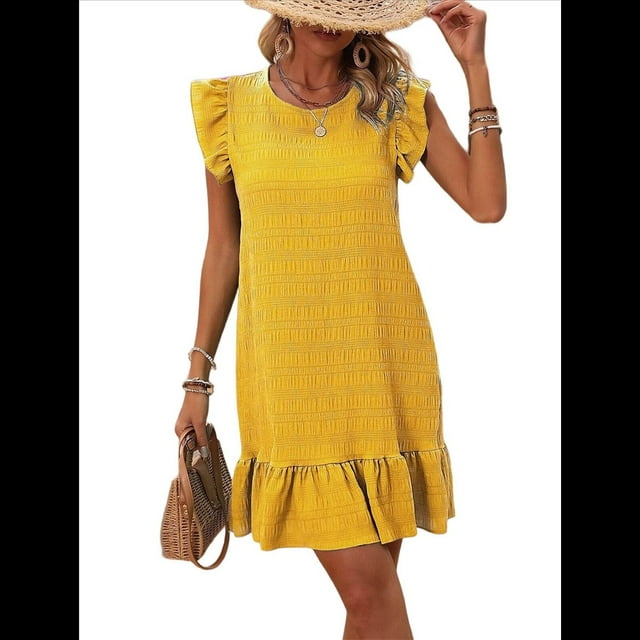 Vestidos de Verano para Mujer, Cuello Redondo, Corta, Dobladillo con Volantes, Informal, Minivestido Amarillo L