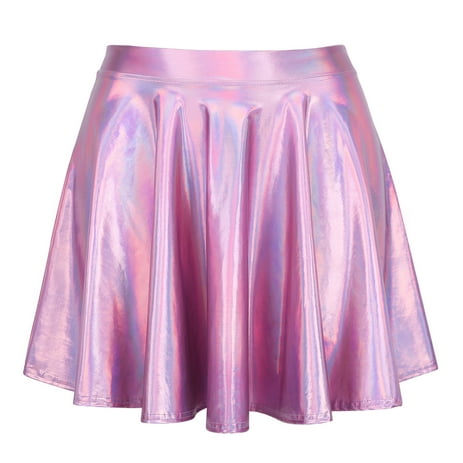 HDE Women's Shiny Liquid Metallic Holographic Pleated Flared Mini Skater Skirt (Pink, XX-Large)