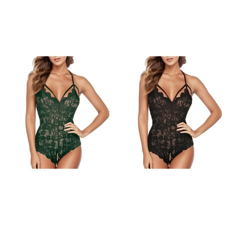 Lojoutye 2 Pack(Black 1PCS & Green 1PCS) Multipack Plus Size for Women with Underwire Lace Blackless Crotch Open Bodysuit Out Jumpsuit Women 1/4 Cup Bra Plus Size Hollow Pajamas
