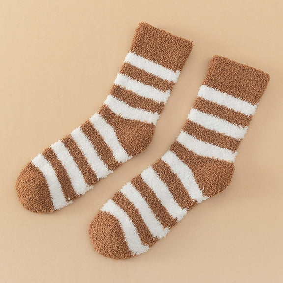 Riecok Striped Socks for Women Thick Thermal Cushioned Crew Socks Mid Calf Stretched Plush Warm Sleeping Socks for Everyday Wear