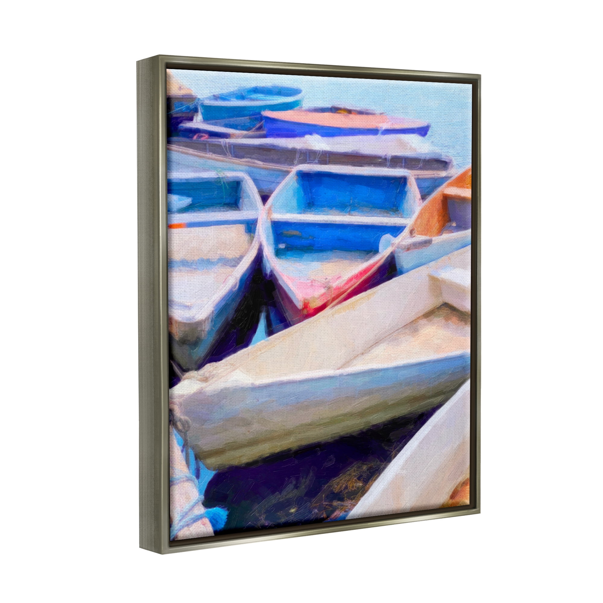 Stupell Industries Rowboats at Dock Painting Transportation Painting Gray Floater Framed Art Print Wall Art, 17 x 21