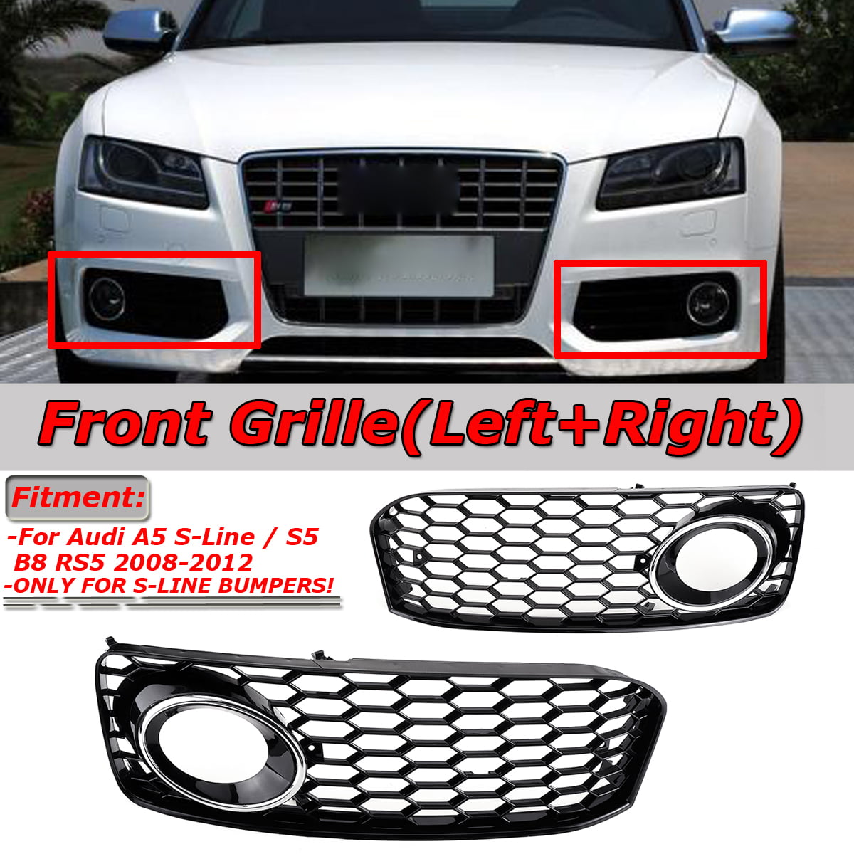 RelaxToday 2Pcs Car Front Bumper Honeycomb Mesh bumper Car Front Fog Light Grille Grill,For Audi A5 SLINE/S5 2018-2020 