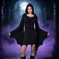 thumbnail image 2 of OSOLU Women's Halloween Dress Elegant Hooded Design Lace Up Neck Bat Wing Sleeve Gothic Irregular Dresses Party, Black, 2 of 5