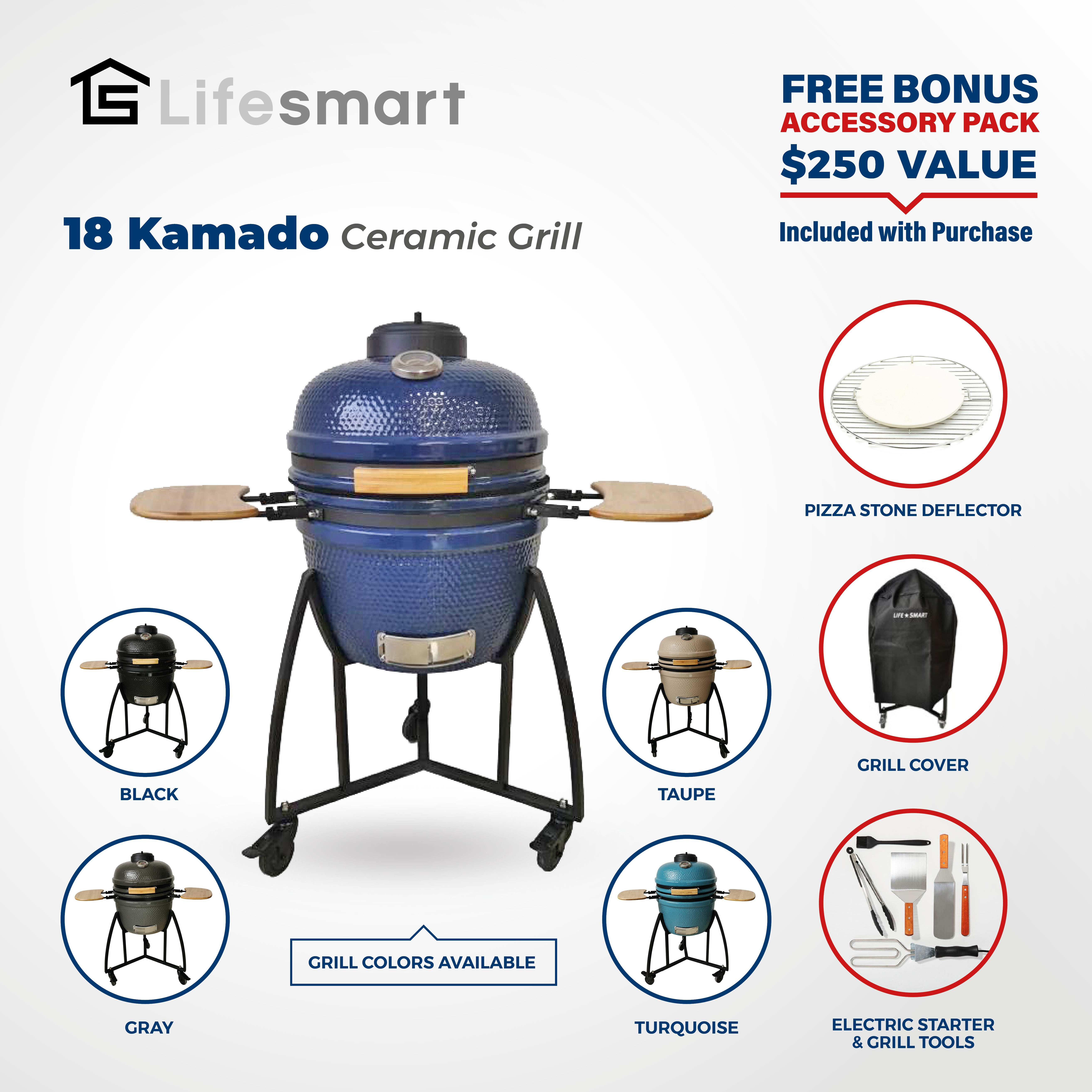 LifeSmart 18'' 370 sq. in. Ceramic Kamado Charcoal Grill w/ Accessories 