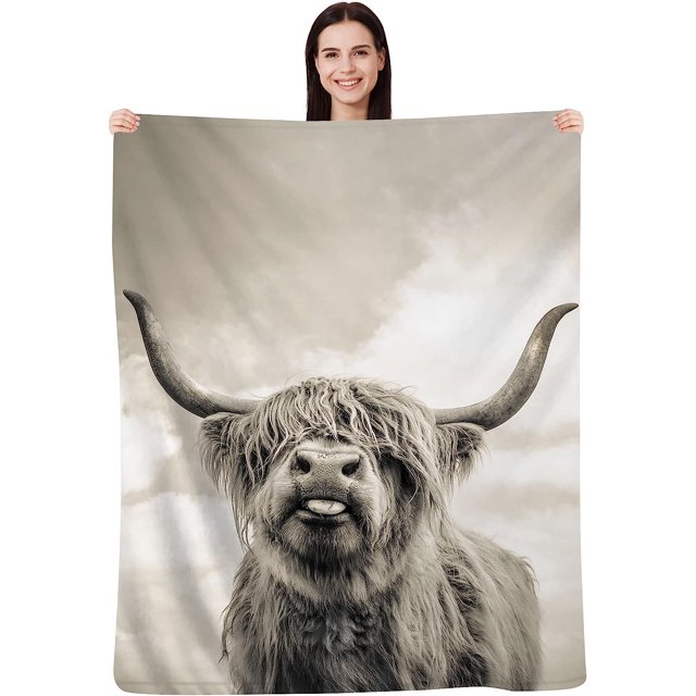 Cow Blanket Long Horn Highland Cow Throw Blankets,Black and White ...