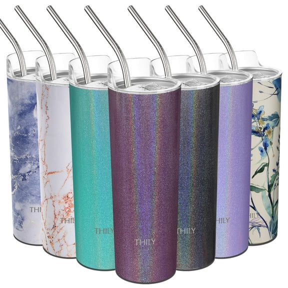 Stainless Steel Insulated Skinny Tumbler - THILY 22 oz Travel Cup with Lid and Straw, Portable, Reusable, for Ice Coffee, Beer, Gifts for Women & Girl, Glitter Red-Brown
