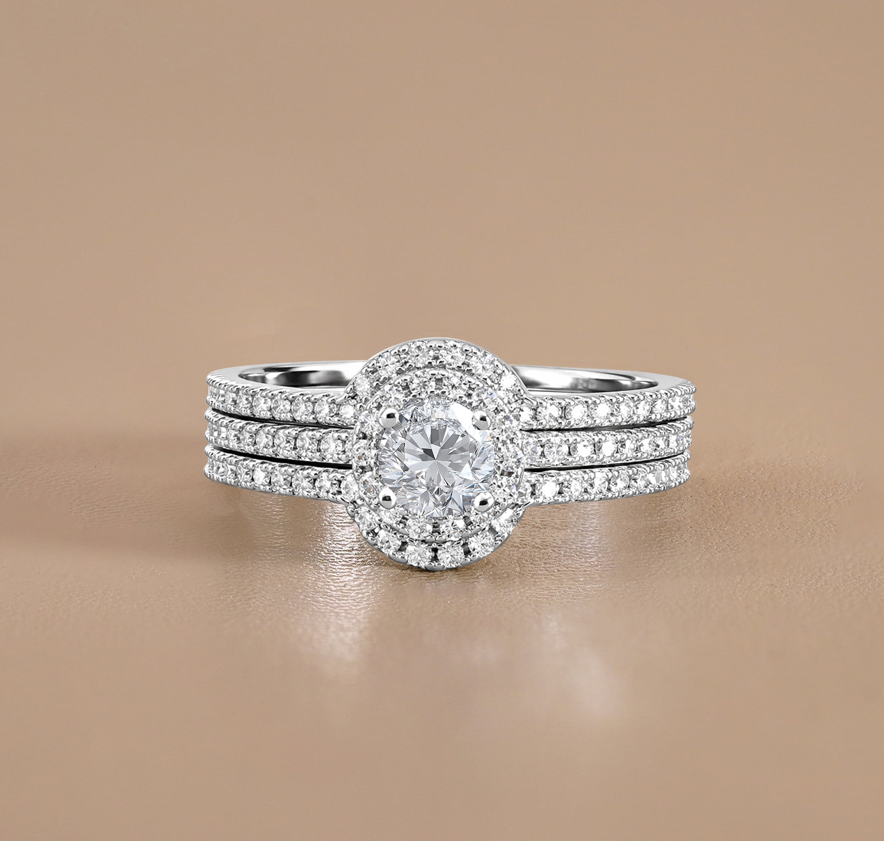 JeenMata 1 Carat Lab Grown Diamond Trio Wedding Ring Set - Round Cut Halo Statement Ring in 18K White Gold Plating for Women
