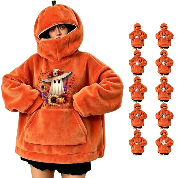XAOFW Halloween Pumpkin Hoodies For Women Ghost Printed Long Sleeve Hooded Sweatshirt Loose Fit Pullover Hoodies With Pockets Trendy· Top L