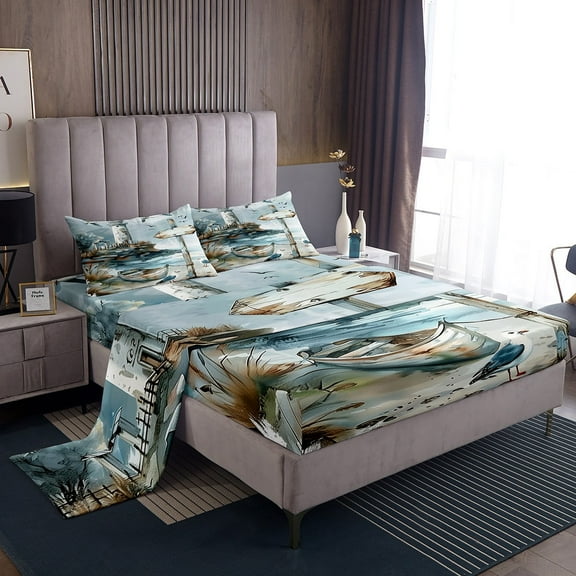 Erosebridal Wooden Boat Twin Sheet Sets, Beach Marine Bedding Twin Size, Sea Bird Decor 3 Pieces