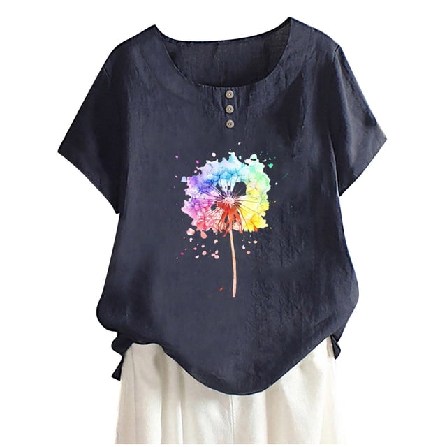Camisas de Manga Corta para las Mujeres, Blusa de Botón de Impresión Casual con Cuello Redondo Hecha de Tela Suave Transpirable para Verano Primavera, Blusas de Manga Corta para las Mujeres