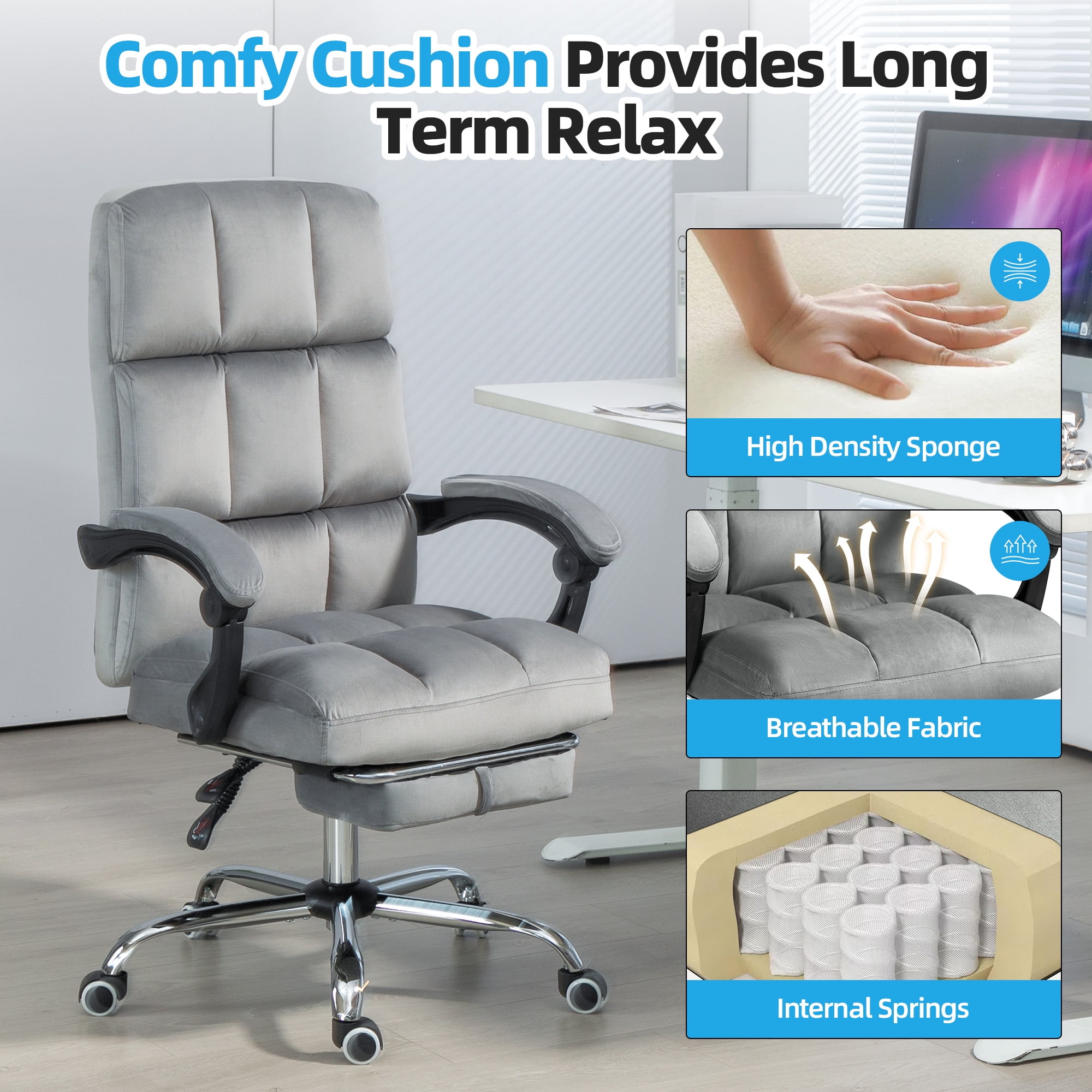 Homhum Velvet Executive Chair, Ergonomic Office Chair with Footrest, Gray