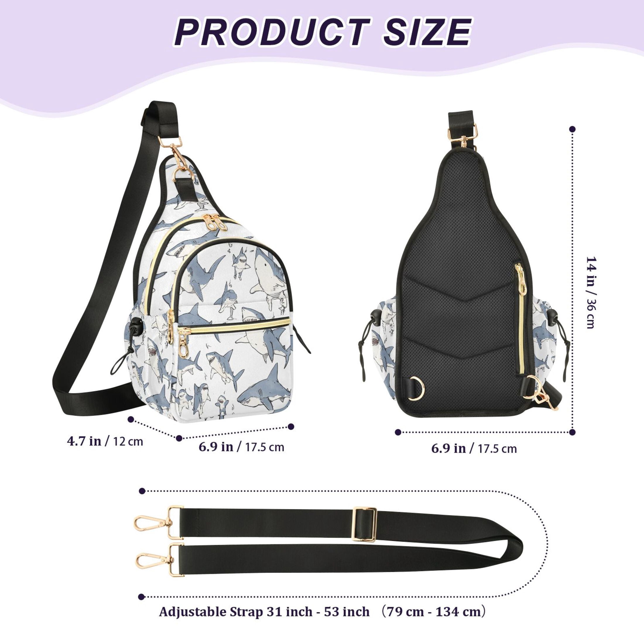 Crossbody Sling Bag for Women Shoulder Purse Trendy Daypack with Adjustable Strap Blue Shark with White Belly