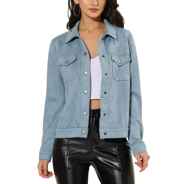 Chaqueta de ante sintético con solapa y bolsillos de solapa para mujer INSPIRE CHIC, XL, azul claro