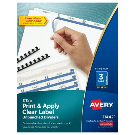 Avery 5 Tab Clear Label Dividers Template Avery® Print & Apply Clear Label Unpunched Dividers, Index Maker® Easy Apply™ Printable Label Strip, 3 White Tabs, 25 Sets (11442) ()