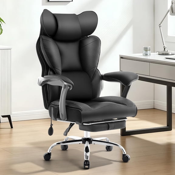 TudoFish Big and Tall Office Chair 500LBS, Ergonomic Computer Desk Chair with PU Leather, Footrest, Lumbar Support, Adjustable Armrests, Reclining, Black