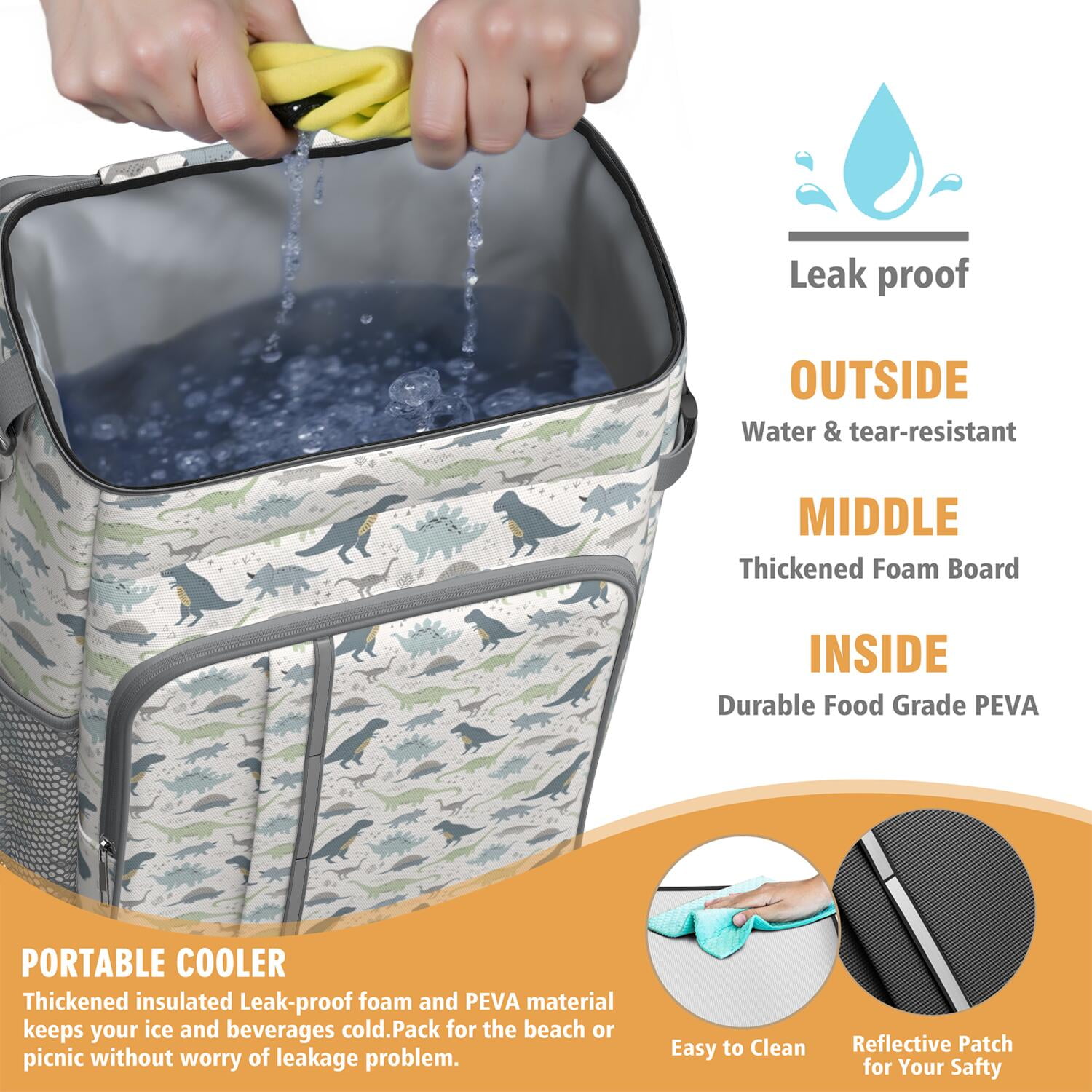 Travel Cooler Bag - LightColor Cartoon Dinosaurs Pattern Camping Beer Cooler Backpack with Bottle Opener- Waterproof Insulated Picnic Backpacks - Cooler Bag for Beach