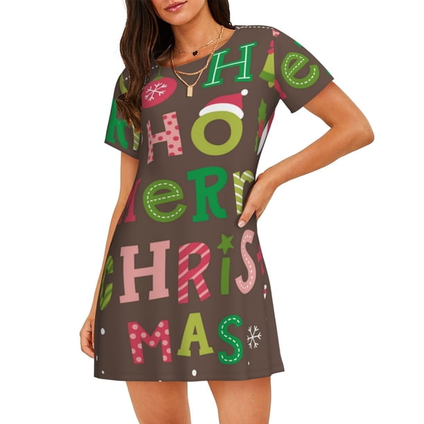 Easygdp Ho Ho Ho Merry Christmas Camisón de manga corta para mujer, informal, estampado