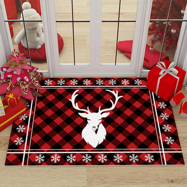 Alfombra Navideña de Terciopelo Cristal con Diseño de Cuernos y Cuadros | Alfombrilla Antideslizante para Baño | Roja | 40 X 60 Cm | Estilo Festivo y Moderno | Decoración Navideña | 1 Alfombra