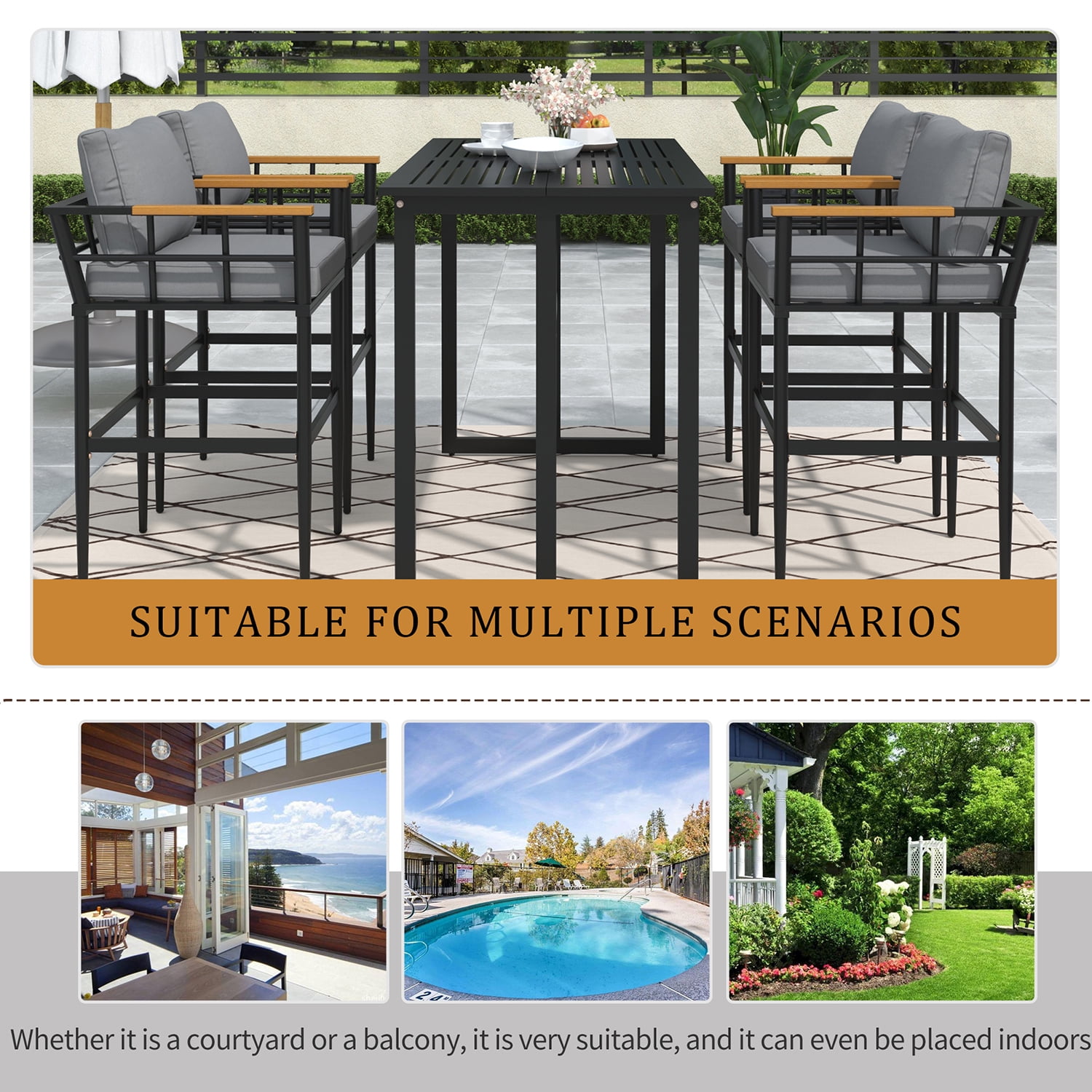 Kadyn 5-Piece Steel Outdoor Dining Set, Patio Dining Set for Balcony Or Backyard with Acacia Wood Armrest Suitable, Black