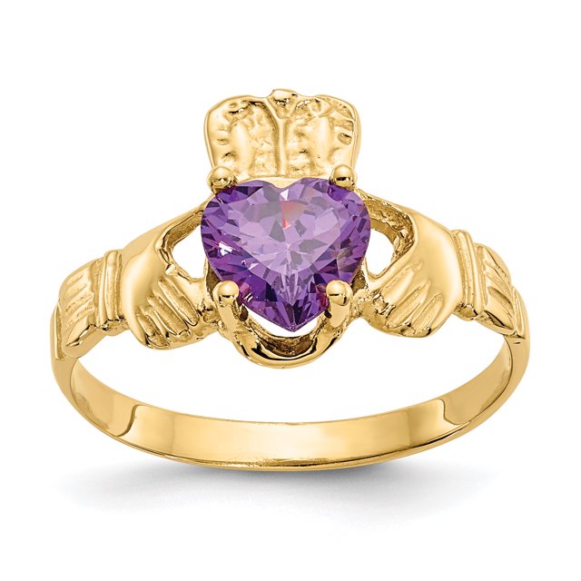 14k Yellow Gold February Cubic Zirconia Cz Birthstone Claddagh Ring Celtic