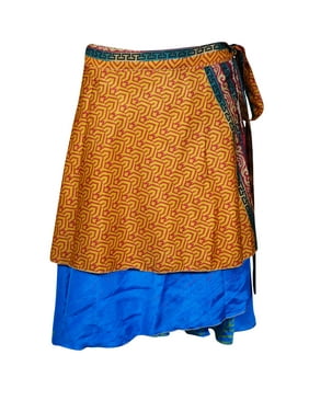 Mogul Women Yellow Blue Vintage Silk Sari Magic Wrap Skirt Reversible Printed 2 Layer Skirts