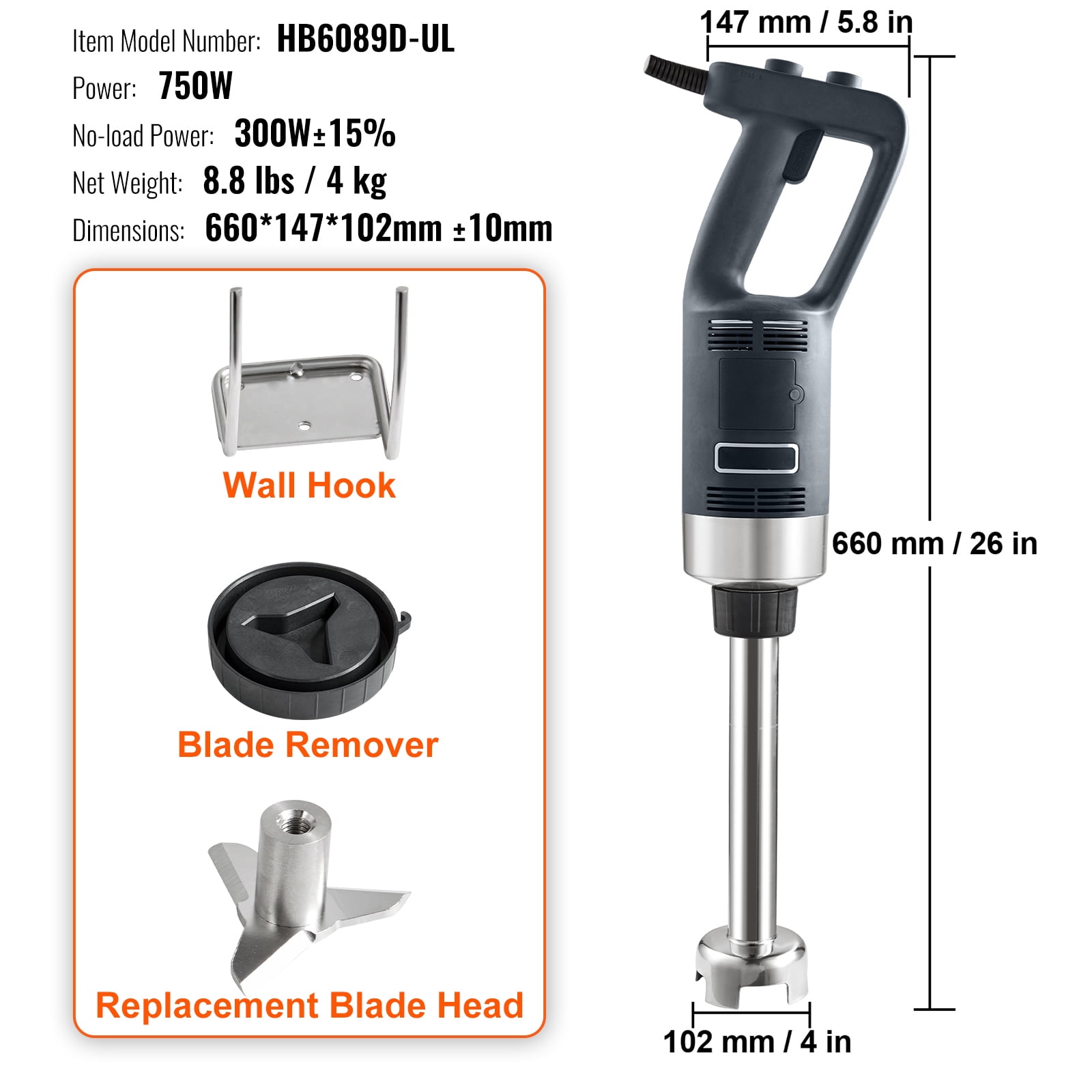 VEVOR Commercial Immersion Blender , 750W Variable Speed Heavy Duty Hand Mixer 304 Stainless Steel
