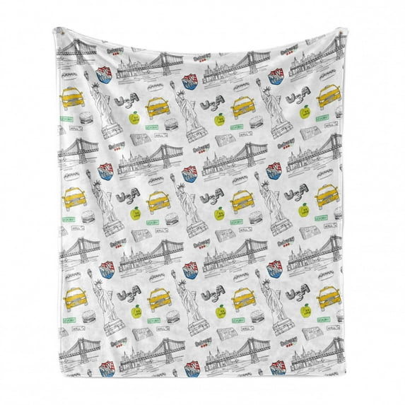 USA Soft Flannel Fleece Throw Blanket, Liberty New York City Hotdog Manhattan Bridge American Illustration, Cozy Plush for Indoor and Outdoor Use, 70" x 90", Yellow Grey White, by Ambesonne