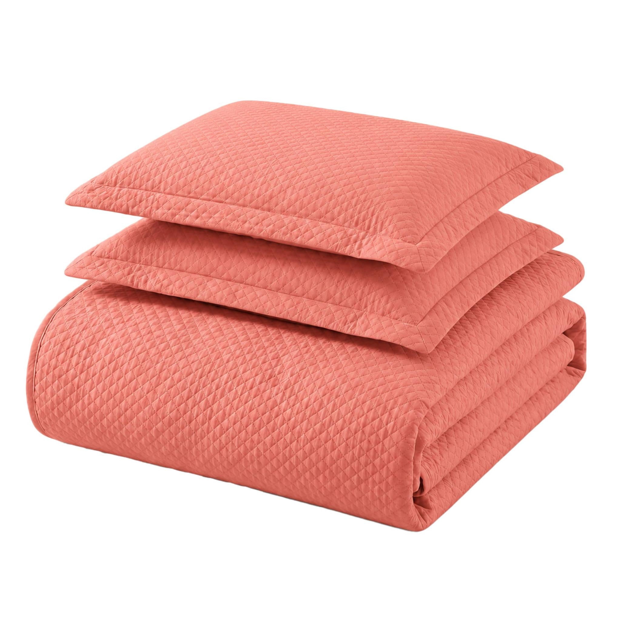 Superior Solitaire Cotton Decorative Bedspread and 2 Pieces Sham Set, Queen, Coral