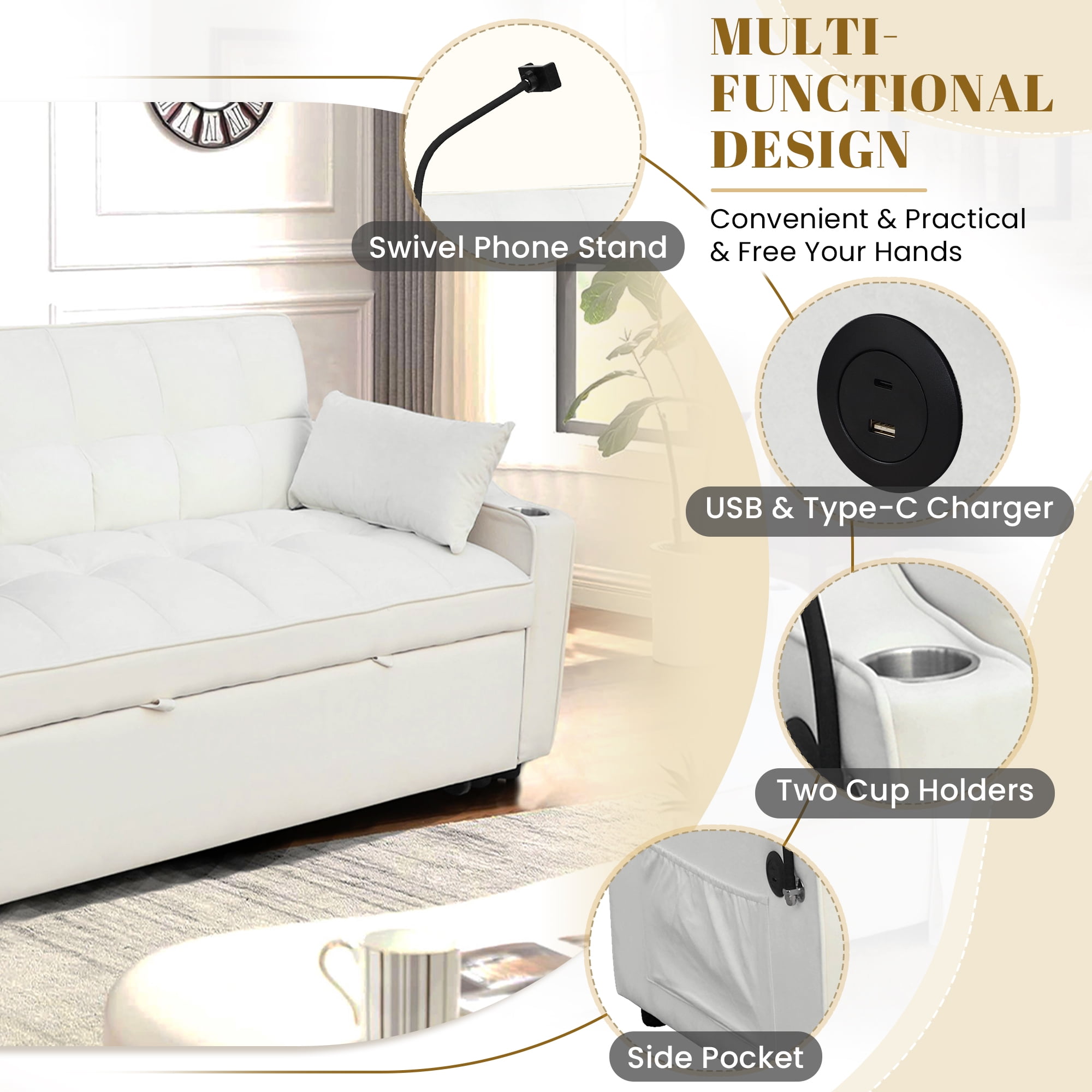 Dinosisco 3-in-1 Convertible Loveseat Sleeper, 55" Futon Sofa Bed with Phone Stand, USB, Beige Velvet